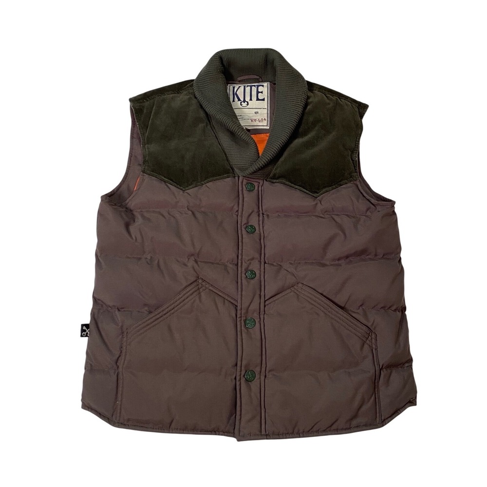 Kite Mens Quilted Puffer Vest Brown Western Corduroy Yoke Shawl Collar XL KT-L04